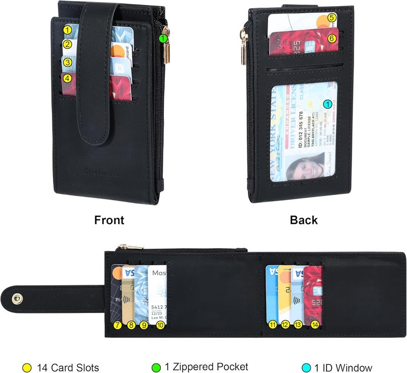 Chelmon Womens Wallet Slim RFID Blocking Bifold Multi Card Case Wallet with Zipper Pocket (Black Smooth) - Image 3